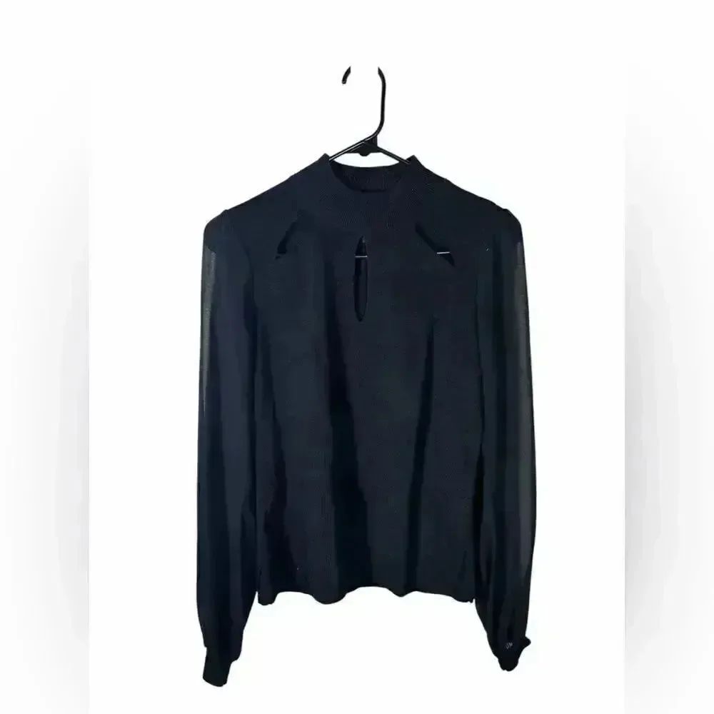 INC International Concepts Black Mock Neck Long Sleeve Top with Keyhole Accents